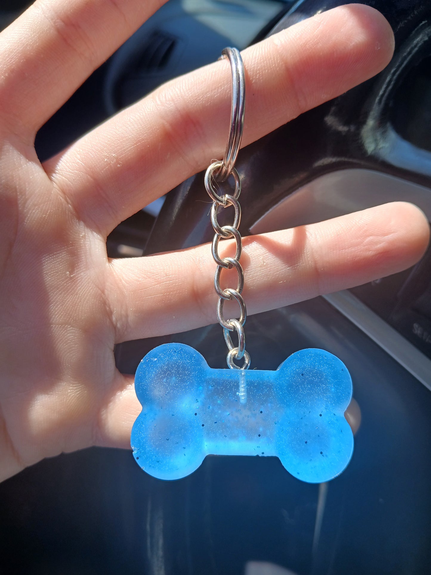 Blue glitter bone keychain